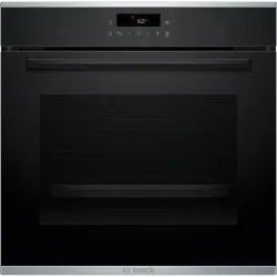 Serie 4,Встраиваемый духовой шкаф Bosch, Auto Pilot 10, объем 71 л , 7 режимов нагрева, 4D Hotair, телескопические направляющие 1уровень,пиролиз, сенсорное управление,цвет черный+профиль из нержавеющей стали