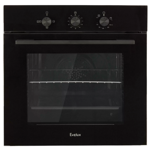 Газовый духовой шкаф EVELUX, объем 67 л, поворотные переключатели, таймер, автоматическое отключение, конвекция, 4 режима, традиционная очистка, 2 стекла в дверце, цвет черный