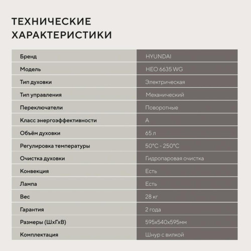 Духовой шкаф Электрический/ Духовой шкаф Электрический Hyundai HEO 6635 WG белый Духовой шкаф Электрический/ Духовой шкаф Электрический Hyundai HEO 6635 WG белый