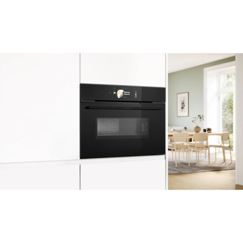 Accent line. Компактная духовка с микроволновой печью и 22 типами нагрева, 45.5x59.5x54.8 см, 45л, дисплей,инвертор,SoftClose и SoftOpen, Bosch Assist, черный. Телескопические направляющие 1 уровень,пиролитическая очистка,многоточечный термощуп PerfectRoa