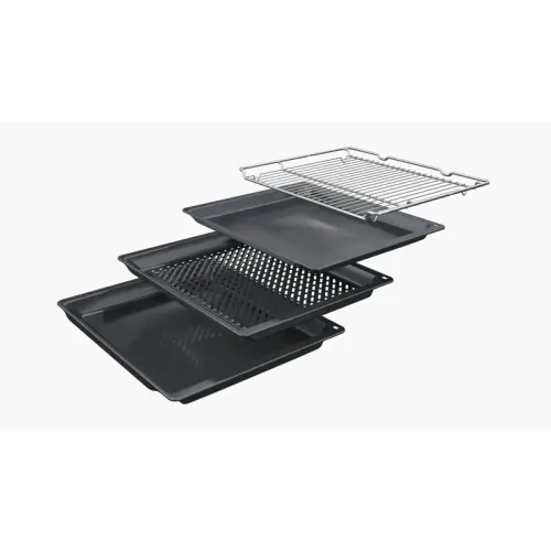 Serie 4,Встраиваемый духовой шкаф Bosch, Auto Pilot 10, объем 71 л , 7 режимов нагрева, 4D Hotair, телескопические направляющие 1уровень,пиролиз, сенсорное управление,цвет черный+профиль из нержавеющей стали