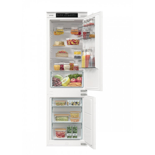 Встраиваемый холодильник Gorenje/ Встраиваемый холодильник Gorenje, полезный объем 243 л, электронное управление, цифровой дисплей, NoFrost Dual, Multiflow 360, LED освещение, слайдерное крепление, инверторный компрессор, энергоэффективность А+, уровень ш