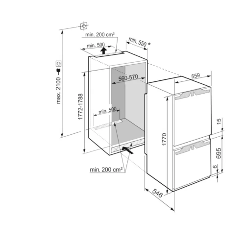 Встраиваемый холодильник LIEBHERR/ EIGER, ниша 178, Prime, EasyFresh, МК NoFrost, 3 контейнера, door-on-door