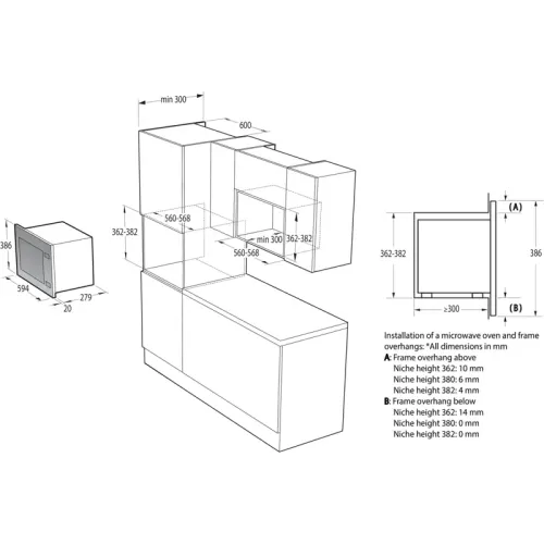 Встраиваемая микроволновая печь Gorenje/ Встраиваемая микроволновая печь Gorenje, 20 л, 5 уровней мощности, 8 автопрограмм, сенсорное управление, дисплей, гриль, поворотный стол, AquaClean, автоменю цвет черный