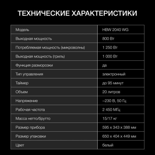 Микроволновая печь/ Микроволновая печь Hyundai HBW 2040 WG 20л. 800Вт белый (встраиваемая)