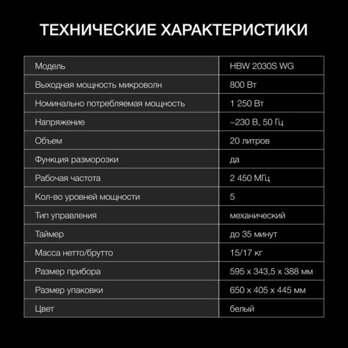 Микроволновая печь/ Микроволновая печь Hyundai HBW 2030S WG 20л. 800Вт белый (встраиваемая)