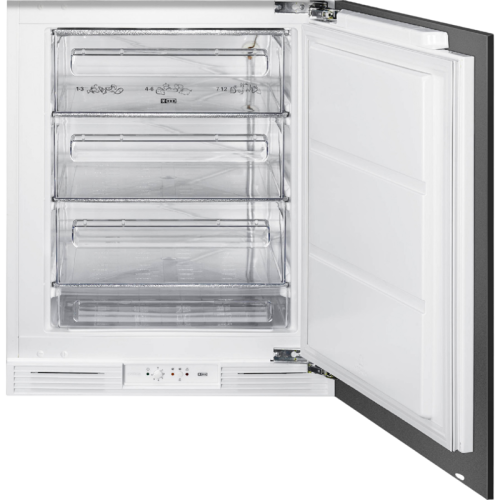 Морозильная камера Smeg/ Морозильная камера Smeg, встраиваемая под столешницу, 82 см, полезный объем 95 л, электромеханический контроль температуры, световая индикация, стандартный компрессор, 3 ящика, дверной упор справа, цвет белый