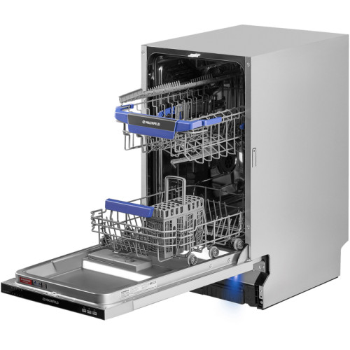 Узкая,  Встраиваемая ПММ 45см, 9 комплектов, 5 программ, расход 9л, электронное управление с LED индикацией, 2 корзины, съемная корзина для столовых приборов, отсрочка старта 3/6/9, луч на полу