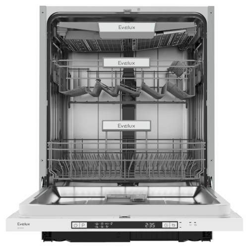 Встраиваемая посудомоечная машина Evelux, полноразмерная, 60 см, выдвижной лоток для столовых приборов, 7 программ, 14 комплектов, 60 см, дисплей, таймер 1-24, А++АА, 49 дб уровень шума, регулировка корзины по высоте Easy lift, половинная загрузка, луч на