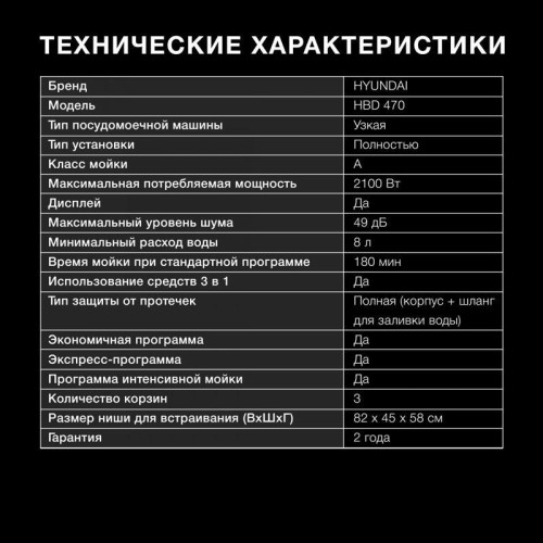 Посудомоечная машина встраив./ Посудомоечная машина встраив. Hyundai HBD 470 2100Вт узкая