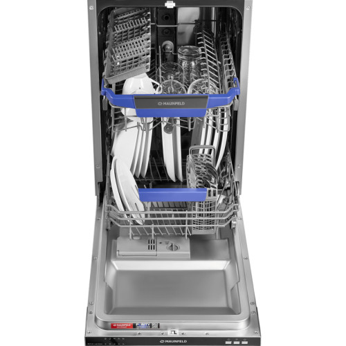 Узкая,  Встраиваемая ПММ 45см, 9 комплектов, 5 программ, расход 9л, электронное управление с LED индикацией, 2 корзины, съемная корзина для столовых приборов, отсрочка старта 3/6/9, луч на полу