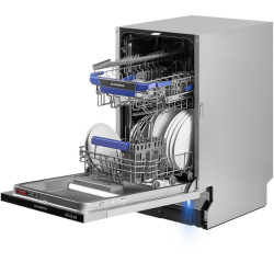 Узкая,  Встраиваемая ПММ 45см, 9 комплектов, 5 программ, расход 9л, электронное управление с LED индикацией, 2 корзины, съемная корзина для столовых приборов, отсрочка старта 3/6/9, луч на полу