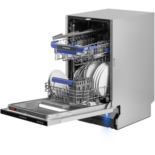 Узкая,  Встраиваемая ПММ 45см, 9 комплектов, 5 программ, расход 9л, электронное управление с LED индикацией, 2 корзины, съемная корзина для столовых приборов, отсрочка старта 3/6/9, луч на полу