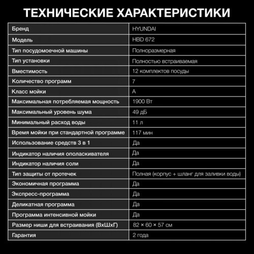 Посудомоечная машина встраив./ Посудомоечная машина встраив. Hyundai HBD 672 1900Вт полноразмерная