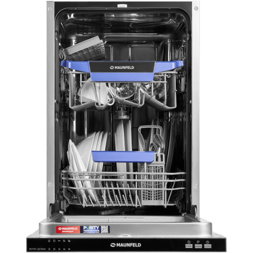 Узкая,  Встраиваемая ПММ 45см, 9 комплектов, 5 программ, расход 9л, электронное управление с LED индикацией, 2 корзины, съемная корзина для столовых приборов, отсрочка старта 3/6/9, луч на полу