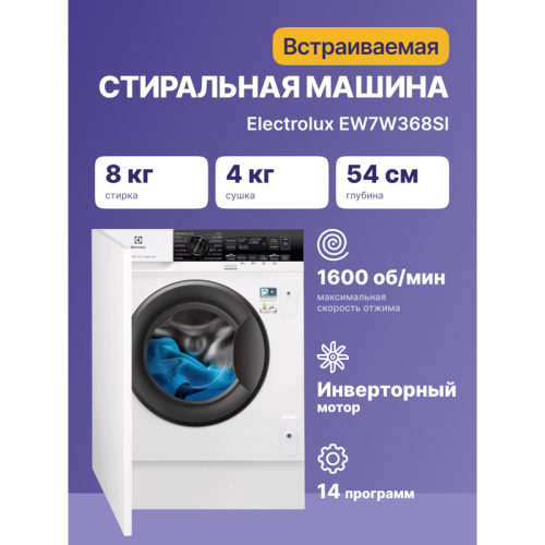 Встраиваемая стиральная машина ELECTROLUX/ Встраиваемая стирально-сушильная машина,загрузка 8кг, Сушка 4 кг, 1600 об/мин, A, дисплей, защита от протечек,панель управления на английском языке