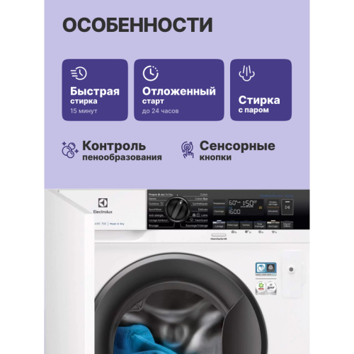Встраиваемая стиральная машина ELECTROLUX/ Встраиваемая стирально-сушильная машина,загрузка 8кг, Сушка 4 кг, 1600 об/мин, A, дисплей, защита от протечек,панель управления на английском языке