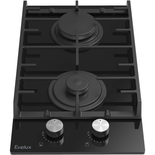 Варочная панель газовая, 30 см, 2 конфорки: экономичная конфорка (0,9 кВт), экспресс-конфорка (2,9 кВт), газ-контроль, электроподжиг, черное высокопрочное закаленное стекло, чугунные решетки, поворотные переключатели, комплект форсунок-переходников на бал