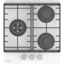 Варочная панель газовая, 45 см, 3 конфорки: экономичная конфорка (0,9 кВт), стандартная конфорка (1,7 кВт),  ВОК конфорка (2,5 кВт), газ-контроль, электроподжиг, белое высокопрочное закаленное стекло, чугунные решетки, поворотные переключатели, комплект ф