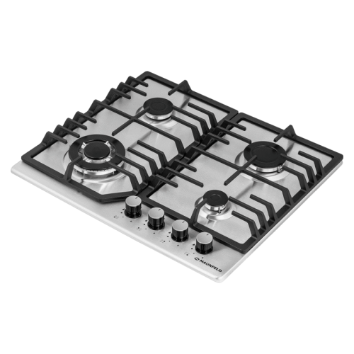 Встраиваемые газовые панели MAUNFELD/ Варочная панель, Газ,  Тип: газовая 60см, чугунные решетки, газ-контроль, WOK горелка, механическое управление, 4 конфорки, электроподжиг, газ-контроль,нержавеющая сталь