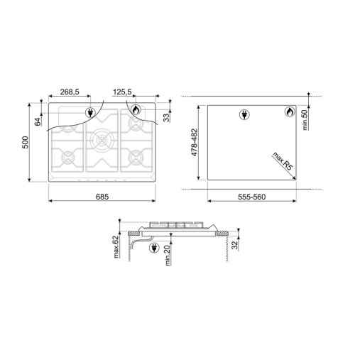 Встраиваемые газовые панели SMEG/ Газ,  Victoria, газовая варочная панель, 70 см, кремовая