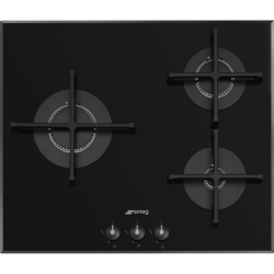 Газовая варочная панель SMEG/ Газовая варочная панель, 60 см, стекло Deep Black (чёрное), скошенный край,Чугунные решетки, Поворотные переключатели, Крышки горелок эмалированный, Автоматический электроподжиг, 3 ультранизкие газовые горелки с вертикальным 