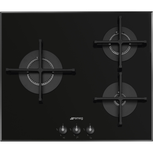 Газовая варочная панель SMEG/ Газовая варочная панель, 60 см, стекло Deep Black (чёрное), скошенный край,Чугунные решетки, Поворотные переключатели, Крышки горелок эмалированный, Автоматический электроподжиг, 3 ультранизкие газовые горелки с вертикальным 