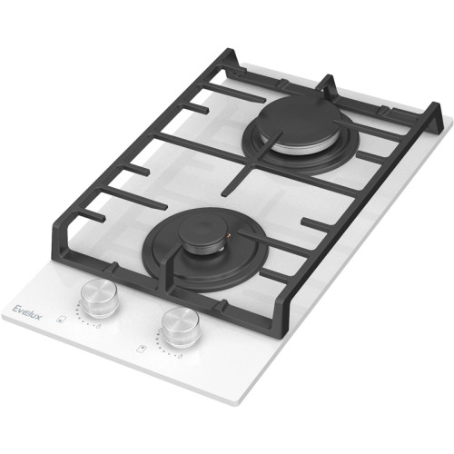 Варочная панель газовая, 30 см, 2 конфорки: экономичная конфорка (0,9 кВт), экспресс-конфорка (2,9 кВт), газ-контроль, электроподжиг, белое высокопрочное закаленное стекло, чугунные решетки, поворотные переключатели, комплект форсунок-переходников на бало