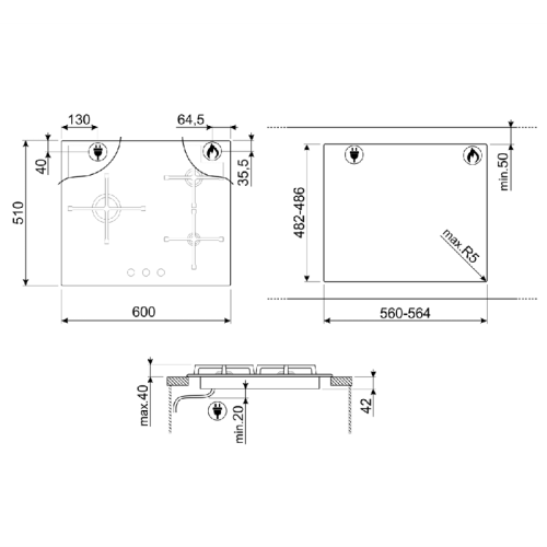 Газовая варочная панель SMEG/ Газовая варочная панель, 60 см, стекло Deep Black (чёрное), скошенный край,Чугунные решетки, Поворотные переключатели, Крышки горелок эмалированный, Автоматический электроподжиг, 3 ультранизкие газовые горелки с вертикальным 