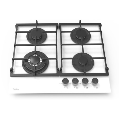 Газовая варочная панель EVELUX, Hi-Tech, 60 см, 4 конфорки, WOK-конфорка, чугунные решетки, газ-контроль, электроподжиг, механическое управление, поверхность из закаленного стекла, цвет белый