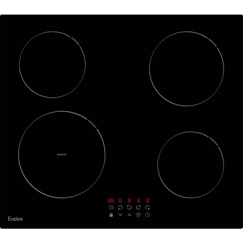 Варочная панель электрическая, индукция, 60 см, 4 конфорки, функция Booster на одной зоне, сенсорное управление, 9 уровней мощности, таймер 1-99 мин, блокировка управления, защитное отключение,  6000 Вт, черное стекло, 590х520х58 мм.