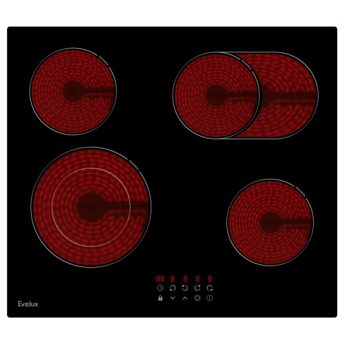 Варочная панель электрическая, стеклокерамика,  Hi Light, 60 см, 4 конфорки, сенсорное управление, 9 уровней мощности, таймер 1-99 мин, блокировка управления, защитное отключение,   двухконтурная, овальная зона, 6600 Вт, черное стекло, 590х520х50 мм.
