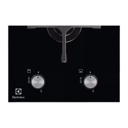 Домино ELECTROLUX/ газовая поверхность на 2 конфорки, закаленное стекло, мощность: 3900 Вт, автоматический электроподжиг, газ-контроль, решетки: чугун, независимая установка, размеры (ШхГ): 29x52 см