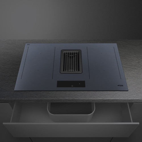 Варочная поверхность со встроенной вытяжкой Smeg/ Варочная поверхность со встроенной вытяжкой Smeg, 80 см, прямой край, 4 зоны приготовления, multizone, 9 уровней мощности, пауза, акустический сигнал окончания приготовления, индикация оставшегося времени,