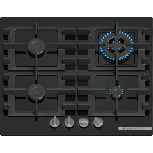Serie 4, газовая варочная панель, 60см, закаленное стекло, черный, 4 конфорки, 1 конфорка WOK c 2 контурами пламени, индивидуальные чугунные решетки, газ-контроль, автоматический электроподжиг, сделано в Испании