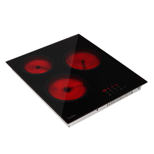 Варочная панель электрическая, стеклокерамика, Hi Light, 45 см, 3 конфорки, сенсорное управление, 9 уровней мощности, таймер 1-99 мин, блокировка управления, защитное отключение,  двухконтурная, 5000 Вт, черное стекло, 450х520х50 мм.
