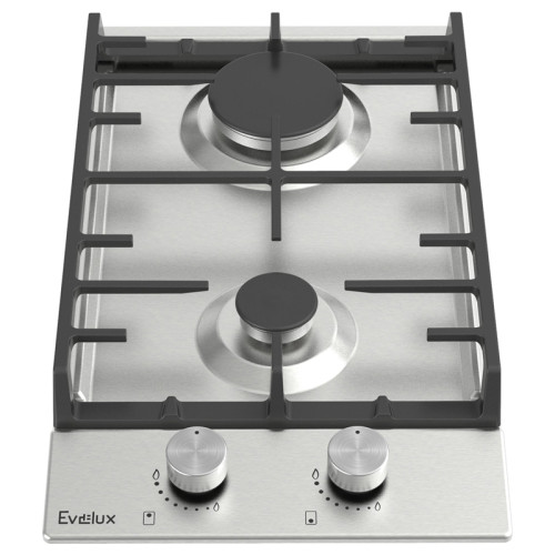 Варочная панель газовая, 30 см, 2 конфорки: экономичная конфорка (0,9 кВт), экспресс-конфорка (2,9 кВт), газ-контроль, электроподжиг, нержавеющая сталь, чугунные решетки, поворотные переключатели, комплект форсунок-переходников на балонный газ, 290х515х10
