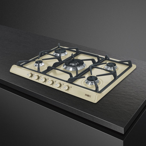 Встраиваемые газовые панели SMEG/ Газ,  CORTINA,газовая варочная панель, 70 см,кремовый/ фурнитура латунь