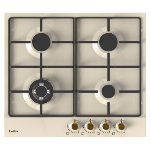 Варочная панель газовая, retro, 60 см, 4 конфорки: экономичная конфорка (0,95 кВт), 2 стандартных конфорки (2х1,7 кВт), ВОК конфорка (2,5 кВт), газ-контроль, электроподжиг, бежевая эмаль,  поворотные переключатели, комплект форсунок-переходников на балонн