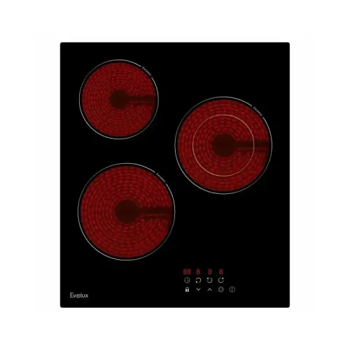 варочная панель электрическая, индукция, 45 см, 3 конфорки, сенсорное управление, 9 уровней мощности, блокировка управления, защитное отключение,  5300 Вт, черное стекло, 450х520х58 мм