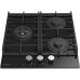 Варочная панель газовая, 45 см, 3 конфорки: экономичная конфорка (0,9 кВт), стандартная конфорка (1,7 кВт),  ВОК конфорка (2,5 кВт), газ-контроль, электроподжиг, черное высокопрочное закаленное стекло, чугунные решетки, поворотные переключатели, комплект 