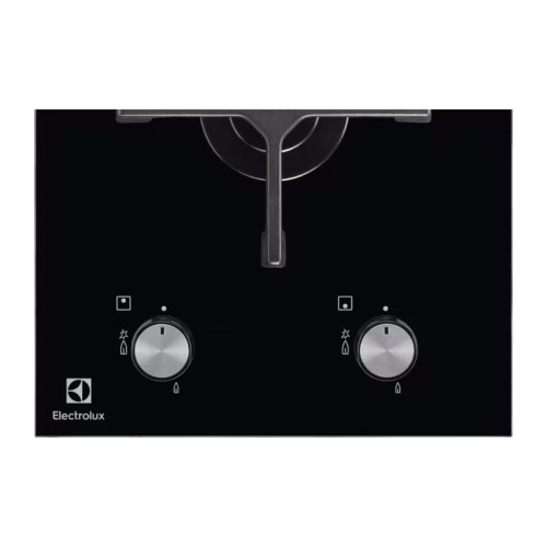 Домино ELECTROLUX/ газовая поверхность на 2 конфорки, закаленное стекло, мощность: 3900 Вт, автоматический электроподжиг, газ-контроль, решетки: чугун, независимая установка, размеры (ШхГ): 29x52 см