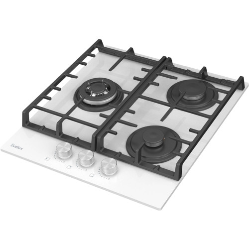 Варочная панель газовая, 45 см, 3 конфорки: экономичная конфорка (0,9 кВт), стандартная конфорка (1,7 кВт),  ВОК конфорка (2,5 кВт), газ-контроль, электроподжиг, белое высокопрочное закаленное стекло, чугунные решетки, поворотные переключатели, комплект ф