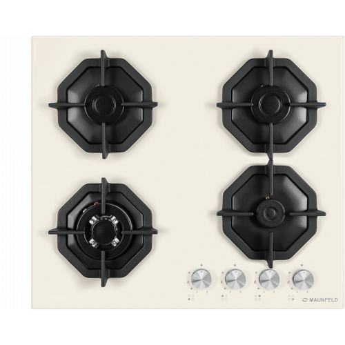 Встраиваемые газовые панели MAUNFELD/ газ, газ на стекле, ширина 60 см, 4 конфорки, чугунные решетки, газ-контроль , электроподжиг, бежевый