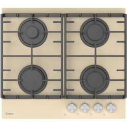 Варочная панель газовая, 60 см, 4 конфорки: экономичная конфорка (0,9 кВт), 2 стандартных конфорки (2х1,7 кВт), экспресс-конфорка (2,9 кВт), электроподжиг, бежевое высокопрочное закаленное стекло, чугунные решетки, поворотные переключатели, комплект форсу