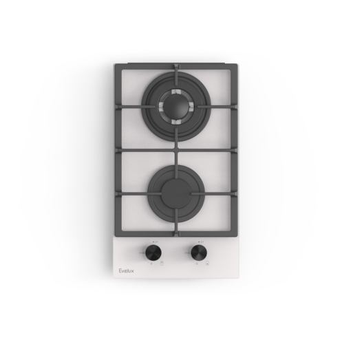 Газовая варочная панель EVELUX, Hi-Tech, 30 см, 2 конфорки, WOK-конфорка, чугунные решетки, газ-контроль, электроподжиг, механическое управление, цвет белый