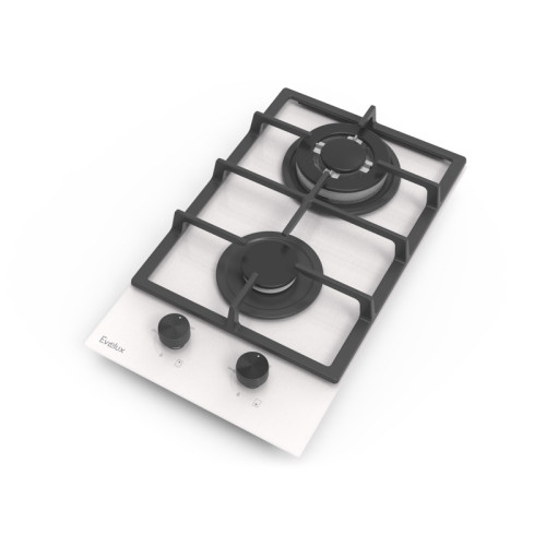 Газовая варочная панель EVELUX, Hi-Tech, 30 см, 2 конфорки, WOK-конфорка, чугунные решетки, газ-контроль, электроподжиг, механическое управление, цвет белый