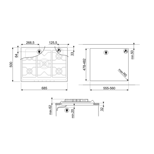 Встраиваемая газовая панель SMEG/ Газ,  Coloniale,газовая варочная панель, 70 см, антрацит/ фурнитура латунь