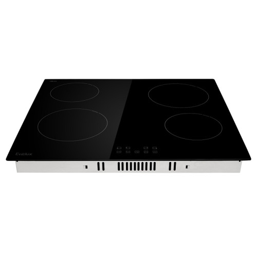 Электрическая варочная панель EVELUX, 4 конфорки, мощность конфорок 1200,1200,1800,1800 Вт, сенсорное управление, индикация остаточного тепла, защитное отключение, таймер, автоматическое отключение, HiLight, 9 уровней мощности, цвет черный