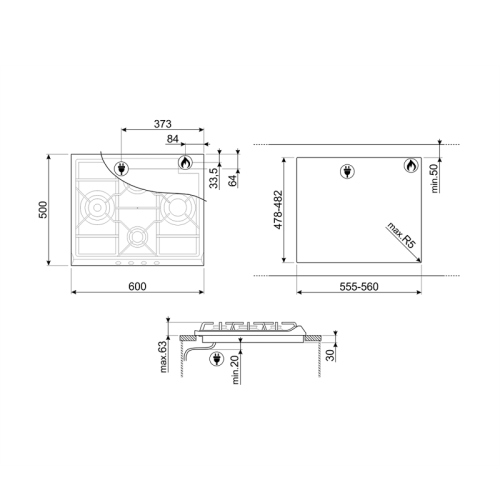 Встраиваемые газовые панели SMEG/ Газ,  Classica,газовая варочная панель, 60 см,нержавеющая сталь/ фурнитура серебро
